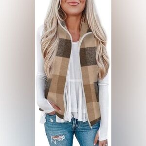 Rapbin Women's Plaid Outerwear Vests Zip Up Stand Collar Sleeveless Jacket
